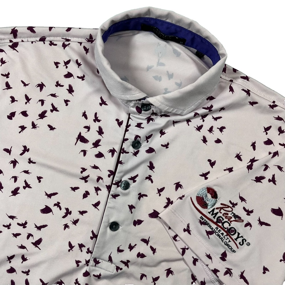 Greyson Polo Men Medium Lavender Bird Print Golf Performance Sport Preppy